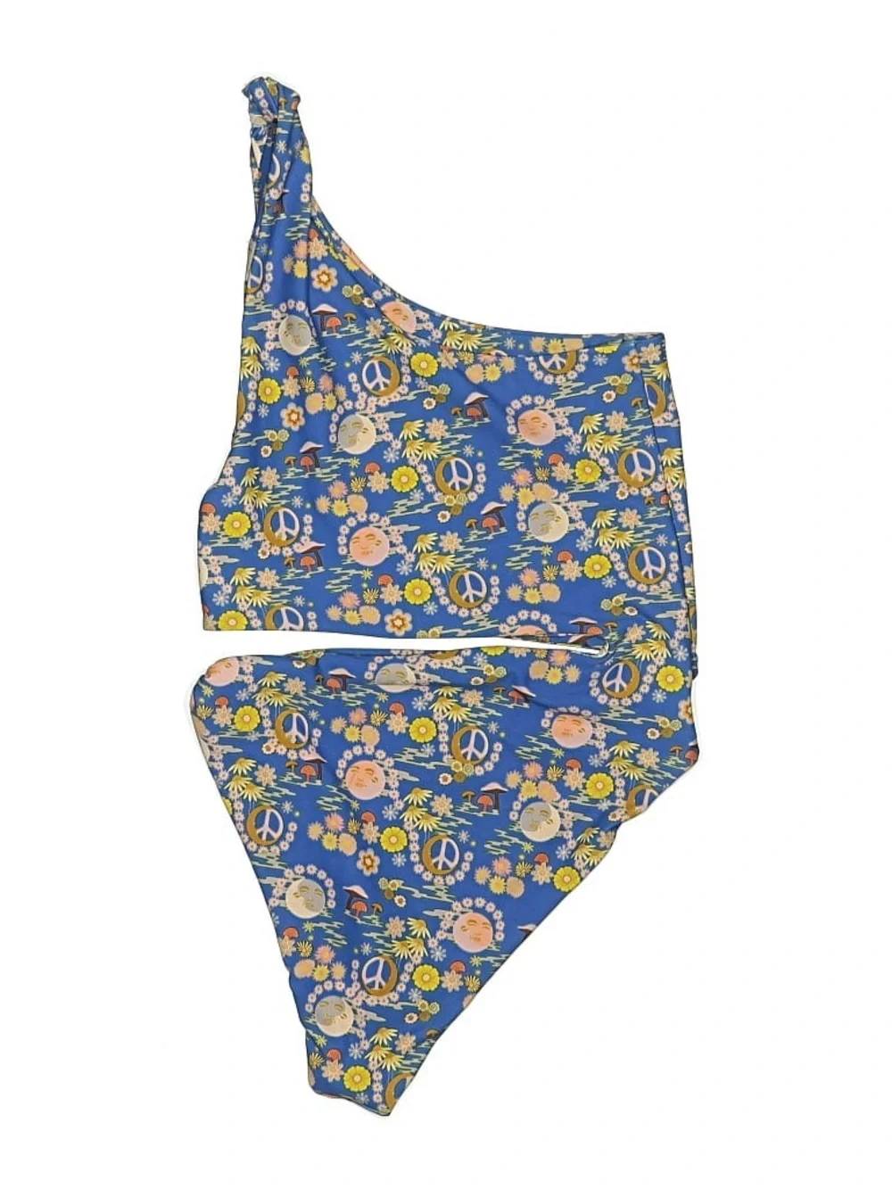 Skatie Medium Blue Floral Peace Sign One-Shoulder Swimsuit